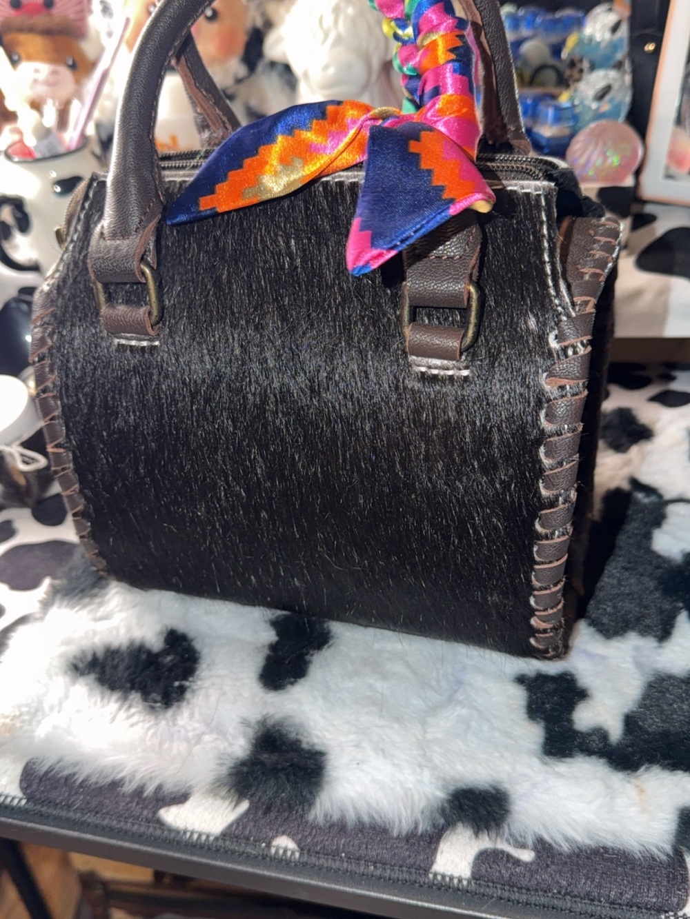 Dark Brown Faux Hair-Trim Satchel Bag with Braided Detail
